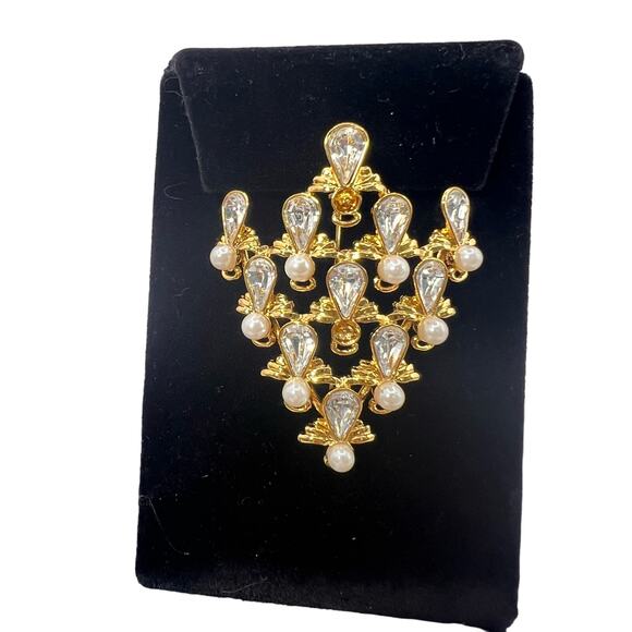 Vintage Gold-Tone Brooch with Clear CZ & Faux Pearl – Elegant Retro Wedding Pin - Picture 10 of 10